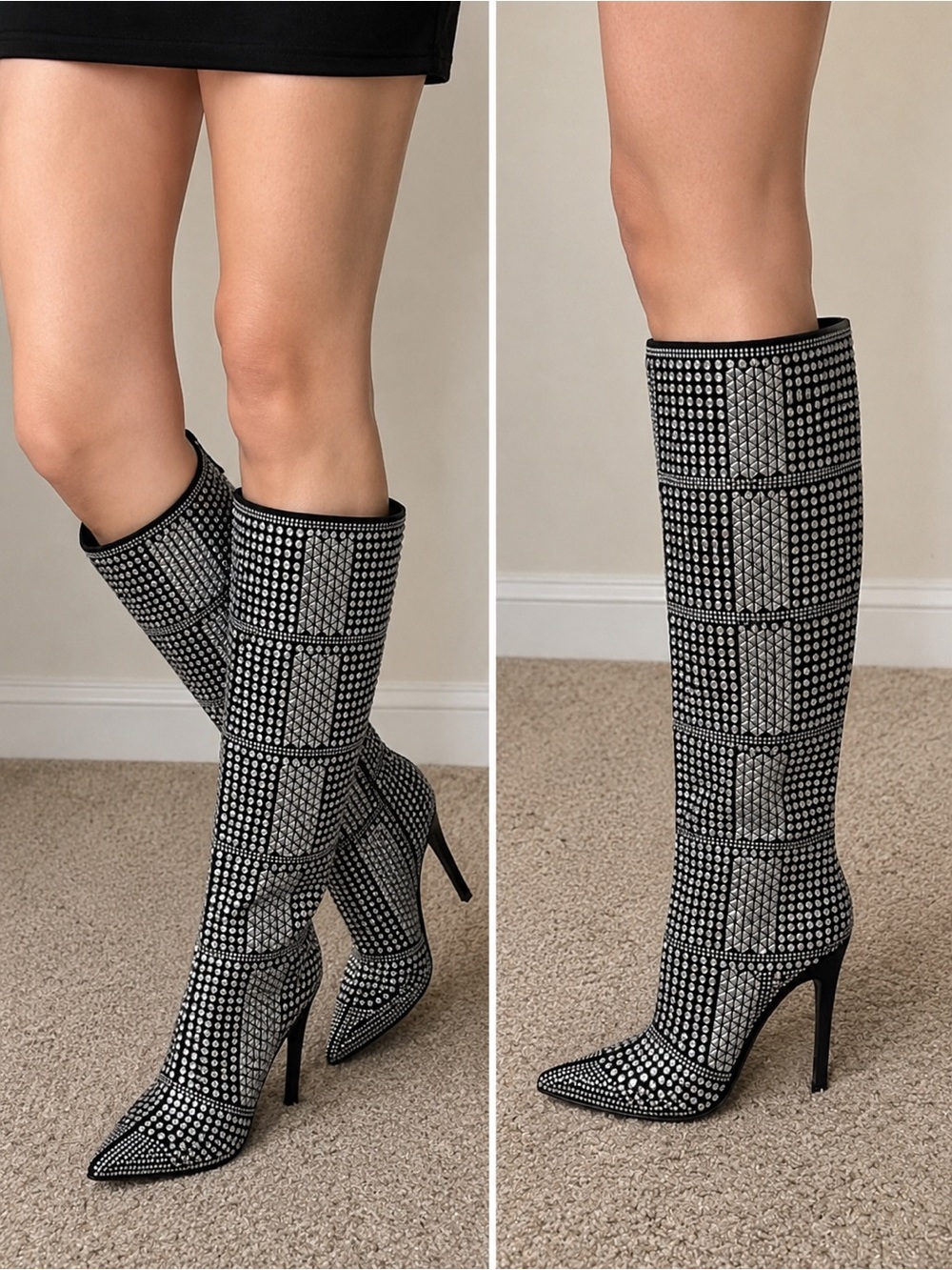 Studded Black Knee-High Pointed-Toe Stiletto Boots size 6:5